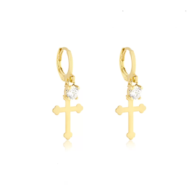 Brinco Crucifixo Banhado a Ouro 18k